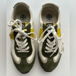 Tory Burch Hank Sneakers White and Olive Sneakers with Mustard Stripes